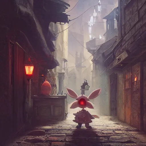 Prompt: A Moogle from Final Fantasy video game sneaking through the streets of a medieval village at night, glowing lights, oil painting, Greg Rutkowski, Charlie Bowater, Beeple, unreal 5, DAZ, hyperrealistic, octane render, RPG portrait, dynamic lighting, fantasy art, beautiful face