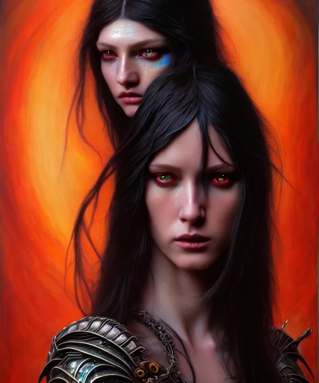 Prompt: hyperrealistic mixed media painting of a beautiful young female sorceress, stunning 3d render inspired art by P. Craig Russell and Barry Windsor-Smith + perfect facial symmetry + dim volumetric lighting, long straight black hair, pale skin, ornate crimson chainmail armor, dizzy, full body, confident heroic pose, 8k octane beautifully detailed render, post-processing, extremely hyperdetailed, intricate, epic composition, grim yet sparkling atmosphere, cinematic lighting + masterpiece, trending on artstation, very very detailed, masterpiece, stunning