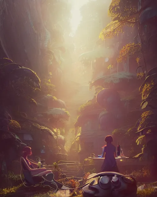 Image similar to highly detailed vfx espresso, stephen bliss, unreal engine, loish, rhads, beeple, makoto shinkai and lois van baarle, ilya kuvshinov, rossdraws, tom bagshaw, alphonse mucha, global illumination, detailed and intricate environment