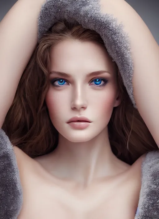 Image similar to a gorgeous female photo, professionally retouched, soft lighting, realistic, smooth face, full body shot, torso, dress, perfect eyes, wide angle, sharp focus on eyes, 8 k high definition, insanely detailed, intricate, elegant, art by marc hill and artgerm and johannes wessermark, snowy winter