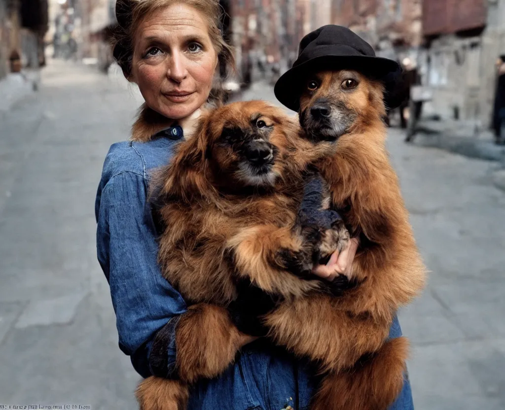 Image similar to closeup portrait of beautiful woman carrying a dog, smoky new york back street, by annie leibovitz and steve mccurry, natural light, detailed face, canon eos c 3 0 0, ƒ 1. 8, 3 5 mm, 8 k, medium - format print