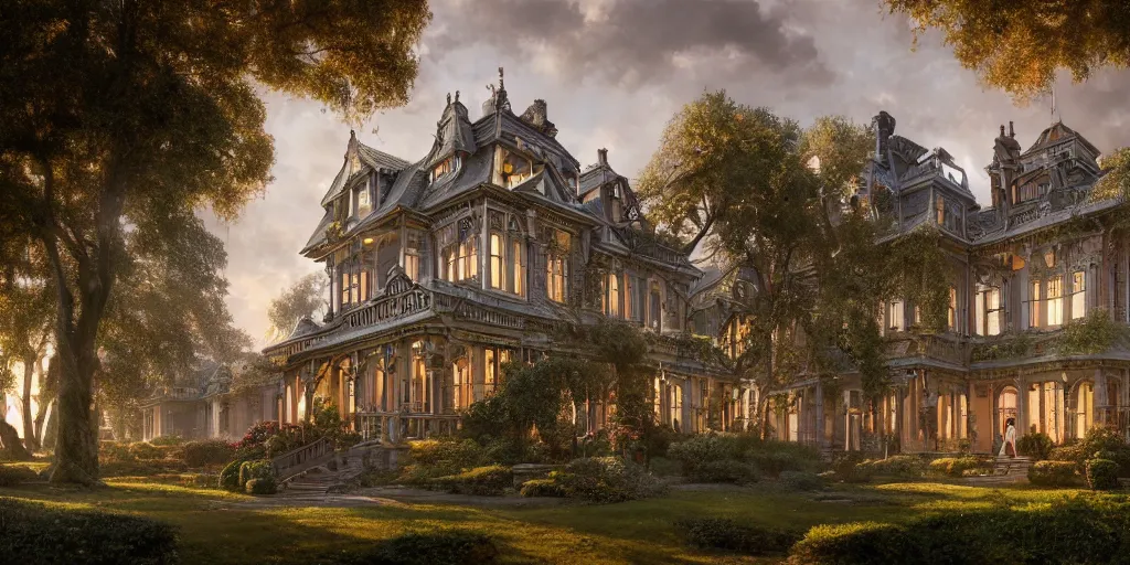 Image similar to a finely detailed photograph of a late Victorian house surrounded by beautiful gardens, view from ground level, elegant, ornate, daytime, beautifully lit scene, ray traced, octane render by Peter Mohrbacher and Peter Gric