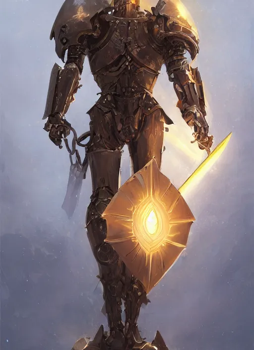 Prompt: dynamic abstract portrait of a intricate glorious holy mechanical warforged character in yellow armor holding a paladin engraved great longsword drawn and carrying a big paladin shield, spotlight from face , epic , trending on ArtStation, masterpiece, cinematic lighting, by Greg Rutkowski and by Ross Tran
