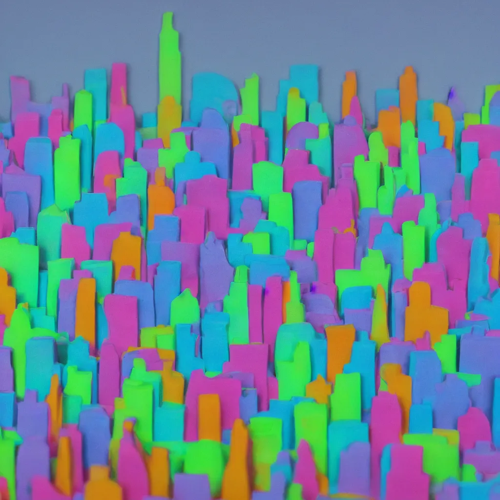 Prompt: neon plasticine city skyline in the smog