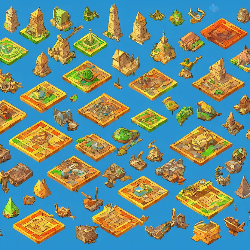 Image similar to set of isometric game tiles, containing a wizard's tower and several resourcers, colored lineart