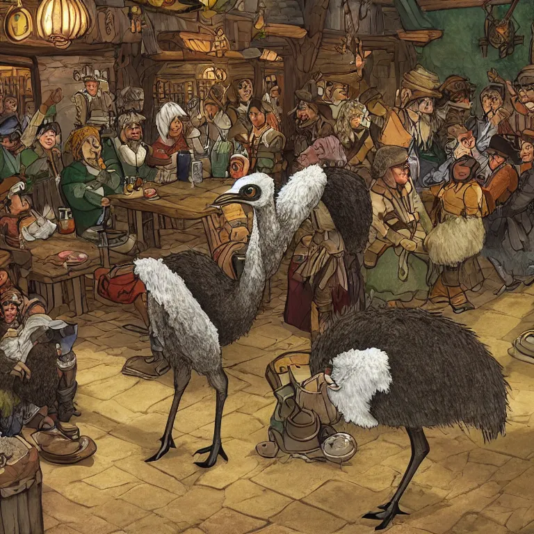 Image similar to an emu in the middle of a crowded halfling tavern, fantasy rpg book illustration