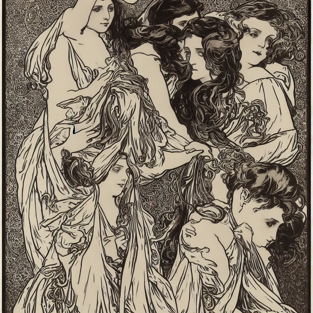 Prompt: monochromatic engraving by alphonse mucha and gustave klint