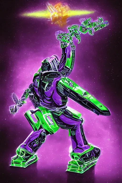 Image similar to portrait of cowboy johnny cash as purple green optimus prime power ranger from transformers riding on guitar zord ufo hoverboard, intricate, highly detailed, smooth, artstation, digital illustration by Lisa Frank and Ruan Jia and Mandy Jurgens and Artgerm and Wayne Barlowe and Greg Rutkowski and Zdislav Beksinski