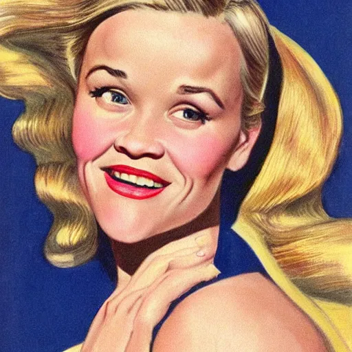 Prompt: “Reese Witherspoon portrait, color vintage magazine illustration 1950”