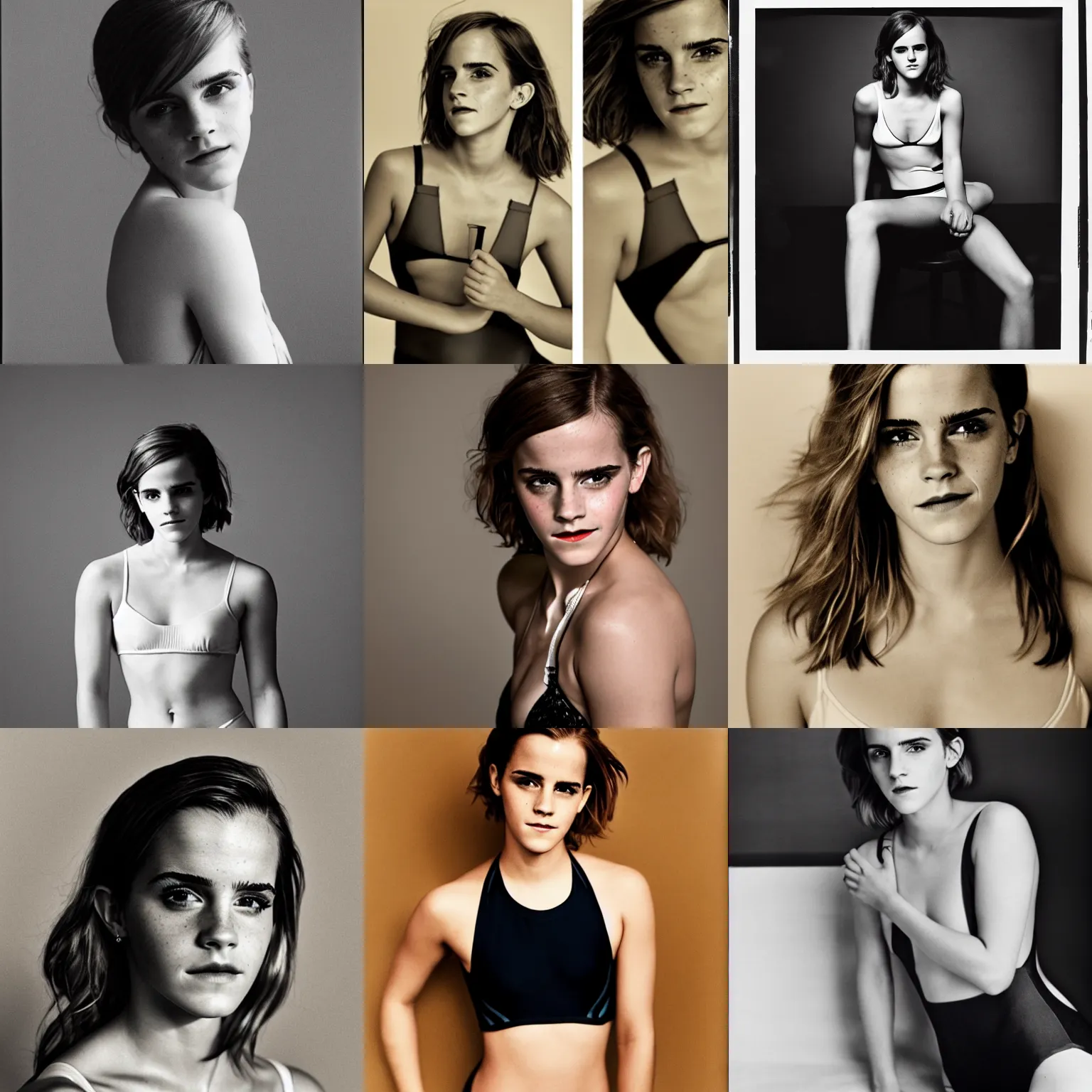 Prompt: Photo of Emma Watson in swimsuit, soft studio lighting, photo taken by Diane Arbus for Abercrombie and Fitch, award-winning photograph, 24mm f/1.4