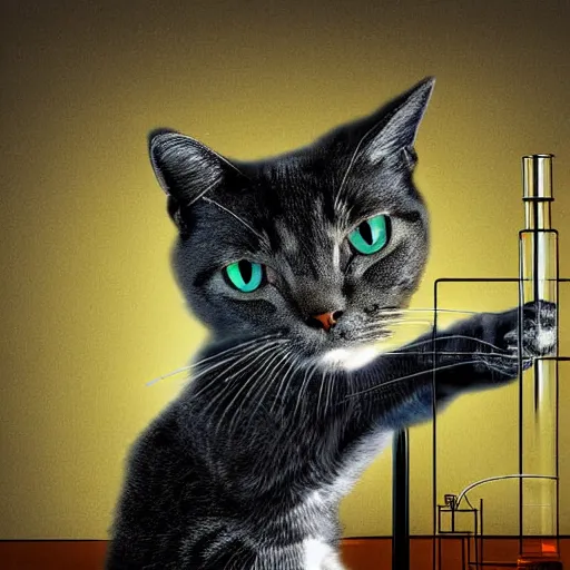 Image similar to Schrodinger's cat performing science experiments in a lab, digital art, high resolution