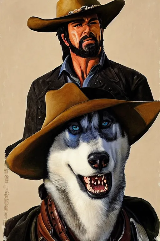 Image similar to a portrait painting of a husky in cowboy costume in the style of anime, a fistful of dollars, for a few dollars more, humanoid, the good the bad and the ugly, personify, anthropomorphic
