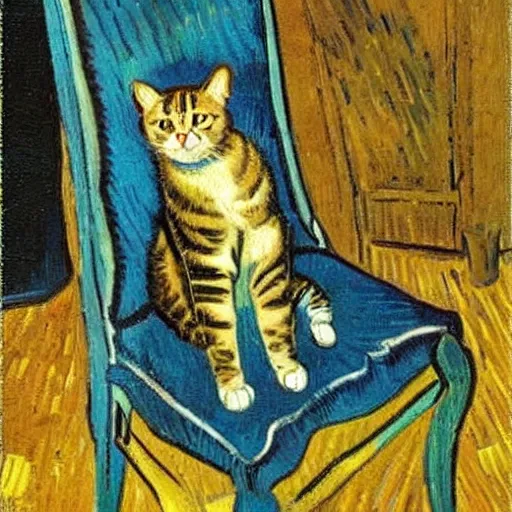 Image similar to cat sitting in a chair. oil painting by vincent van gogh.