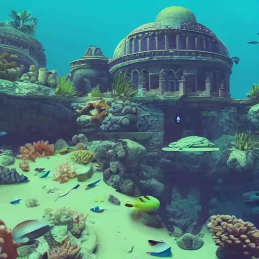 Prompt: a beautiful first person perspective digital illustration of a domed underwater temple near a coral reef teeming with life by beeple | Byzantine architecture | tropical fish | cinematic | unreal engine | octane | photorealistic |