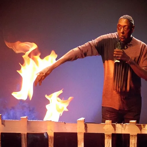 Image similar to arsonist arsenio hall lighting a hall on fire