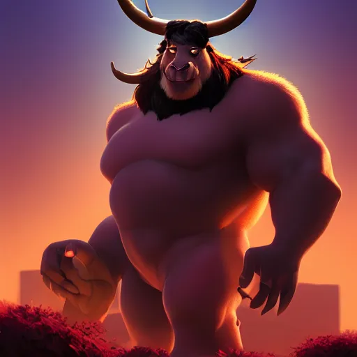 Image similar to portrait of a minotaur, an antropomorphic creature with a bull face, dark hair, mattepainting concept blizzard pixar maya engine on cold night stylized background splash comics global illumination lighting artstation lois van baarle, ilya kuvshinov, rossdraws