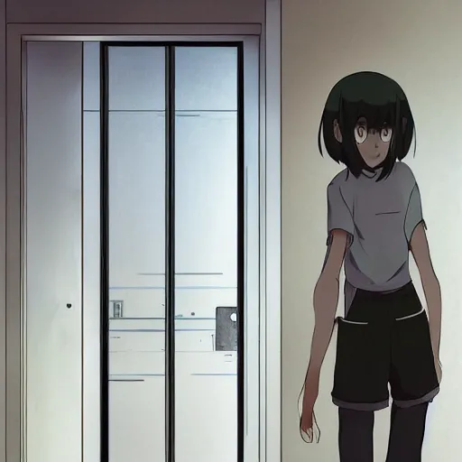 Image similar to a person standing in a room with a door open, an anime drawing by makoto shinkai, cgsociety, postminimalism, anime aesthetic, anime, official art h - 7 6 8