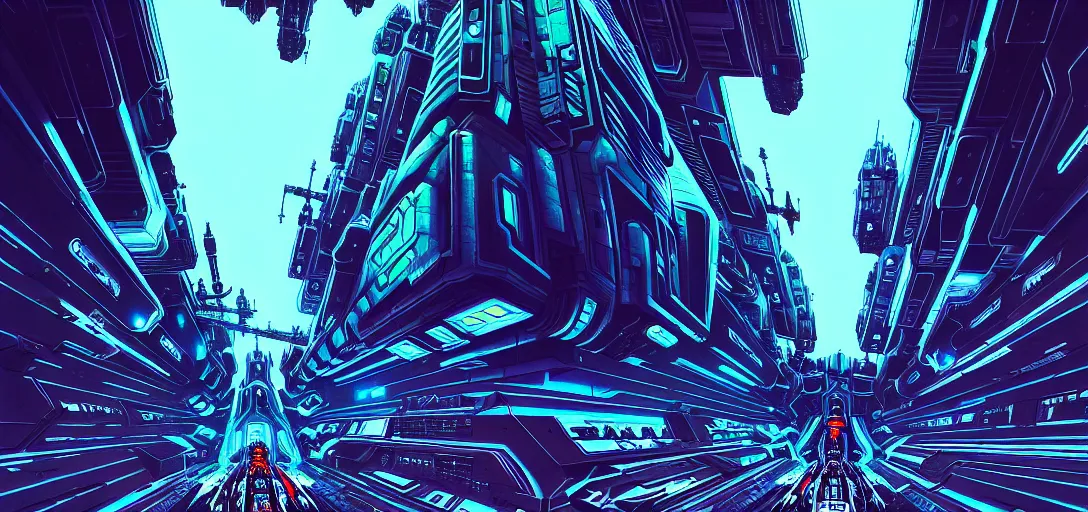 Image similar to cyberpunk mech spaceship flooring, one point perspective, high details, line art, by vincent di fate and joe fenton, inking, screen print, masterpiece, trending on artstation, sharp,, hyper - detailed, hd, 4 k, 8 k