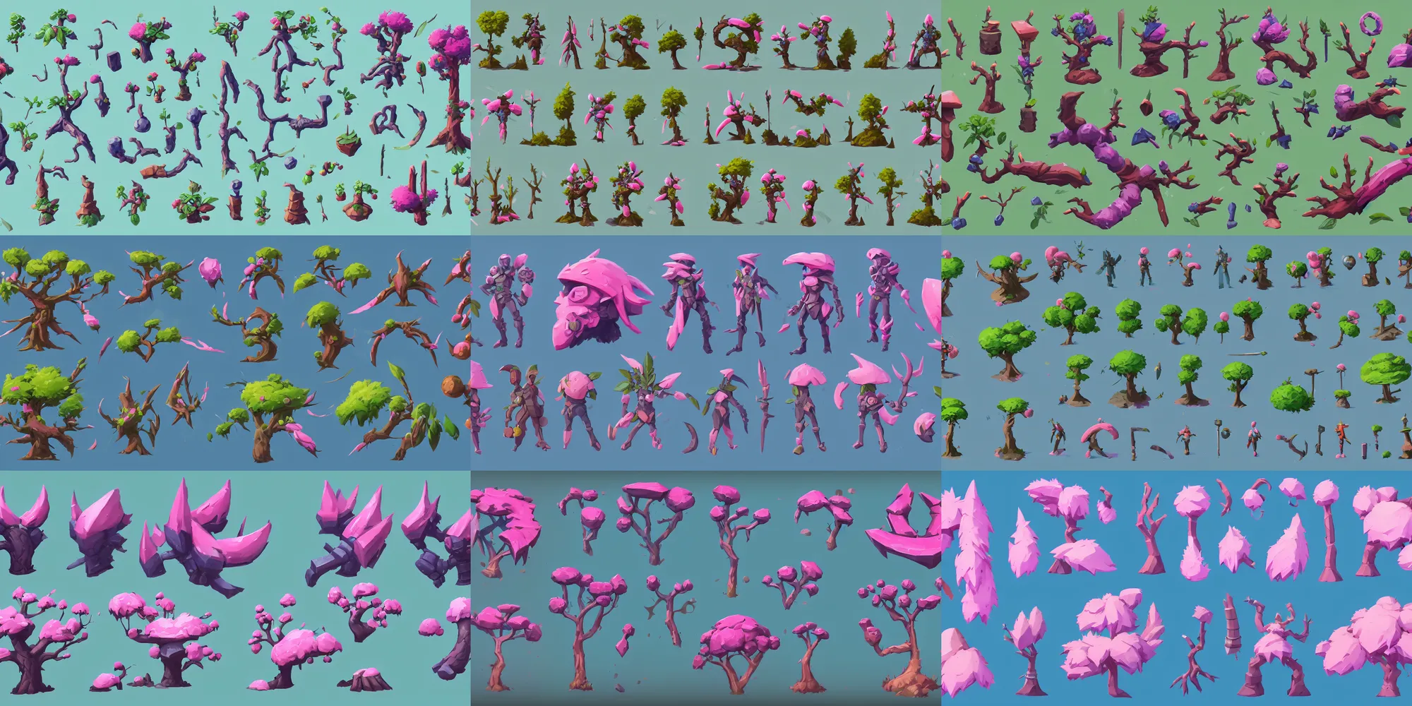 Prompt: game asset of plant and tree, in gouache detailed paintings, props, stylized, 2 d sprites, kitbash, side view, arcane, overwatch, blue and pink color scheme, 8 k, close up