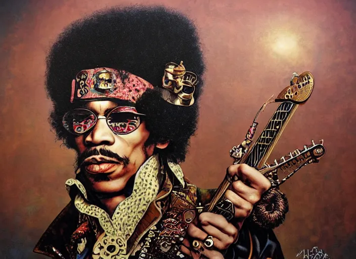 Image similar to steampunk jimi hendrix, lowbrow, matte painting, 3 - d highly detailed, in the style of mark ryden,