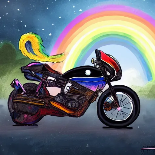 Image similar to wide angle full body, jacket wearing fluffy cute rainbow kitten wearing a black leather motorcycle jacket, riding on a motorcycle, cinematic concept art