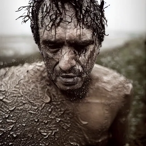 Prompt: The drawing shows a man caught in a storm, buffeted by wind and rain. He clings to a tree for support, but the tree is bent nearly double by the force of the storm. The man's clothing is soaked through and his hair is plastered to his head. His face is contorted with fear and effort. dramatic lighting by Gertrude Abercrombie earthy