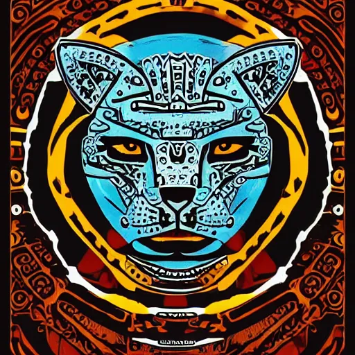 Prompt: illustration of mayan jaguar warrior, sullen, showing irritation or ill humor by a gloomy silence or reserve. in colors # 1 1 3 4 a 6, # 7 3 c 2 fb, # 6 6 9 3 fs, # 9 8 fb 9 8, # 0 1 7 9 6 f, by studio multi and victo ngai, malika favre