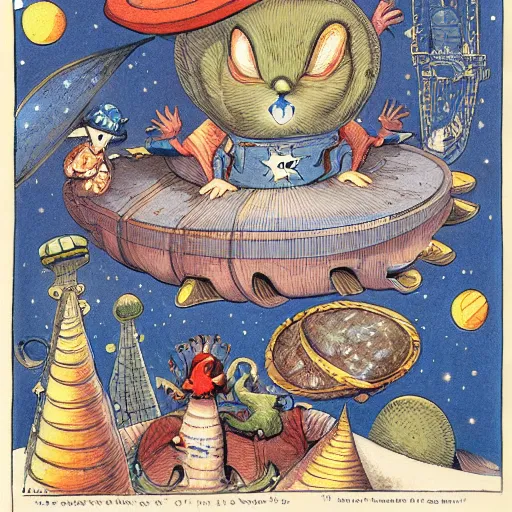 Prompt: Liminal space in outer space by John Tenniel, with weird Alice in Wonderland style creatures, colorized