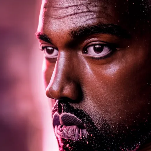 Image similar to Portrait of Kanye West as Ironman, splash art, movie still, cinematic lighting, dramatic, octane render, long lens, shallow depth of field, bokeh, anamorphic lens flare, 8k, hyper detailed, 35mm film grain