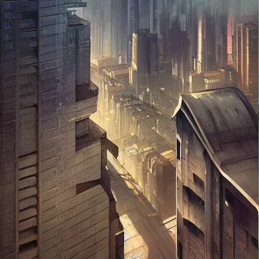 Image similar to brutalist cityscape, highly detailed, digital painting, artstation, concept art, smooth, sharp focus, illustration, art by artgerm and greg rutkowski and alphonse mucha