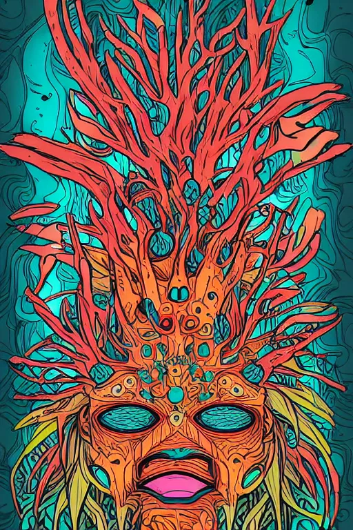 Image similar to animal mask totem roots flower tribal feather gemstone plant wood rock shaman vodoo video game vector cutout illustration vivid multicolor borderlands comics by josan gonzales and dan mumford radiating a glowing aura