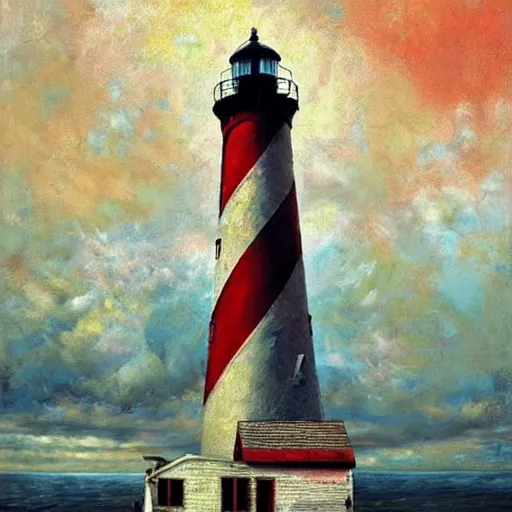 Image similar to beautiful lonely lighthouse, hyper realistic, colorful patterns, subtle shadows, art by tim okamura and oksana dobrovolska and tarkowsky. natural light.