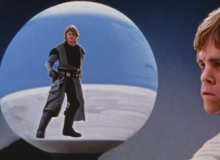 Prompt: screenshot of Luke Skywalker drinking blue milk, on a marble designed planet, famous scene from the 1980s film directed by Stanley Kubrick cinematic lighting, moody cinematography, with anamorphic lenses, crisp, detailed portrait, 4k image