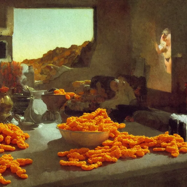 Prompt: A Bag of Cheetos on the counter of a 1950s kitchen, oil painting by Arnold Bocklin and Maxfield Parrish shocking detail hyperrealistic Cinematic lighting