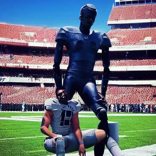 Image similar to “ a realistic detailed photo of a guy who is an attractive humanoid who is half robot and half humanoid, who is a male android, football player christian mccaffrey, shiny skin, posing like a statue, blank stare, on the field, on display ”