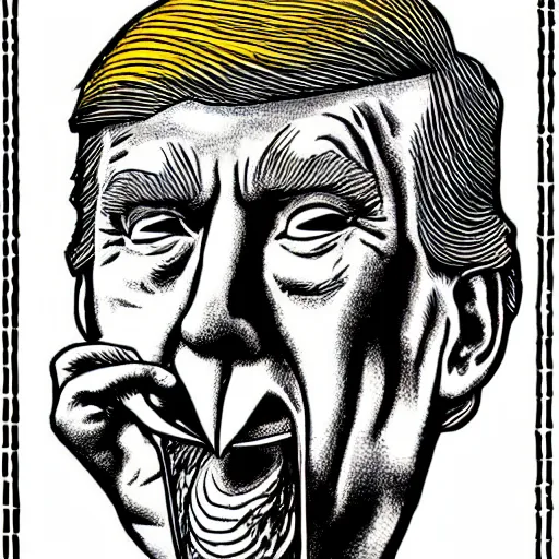 Image similar to close - up portrait of donald trump eating paper, by robert crumb