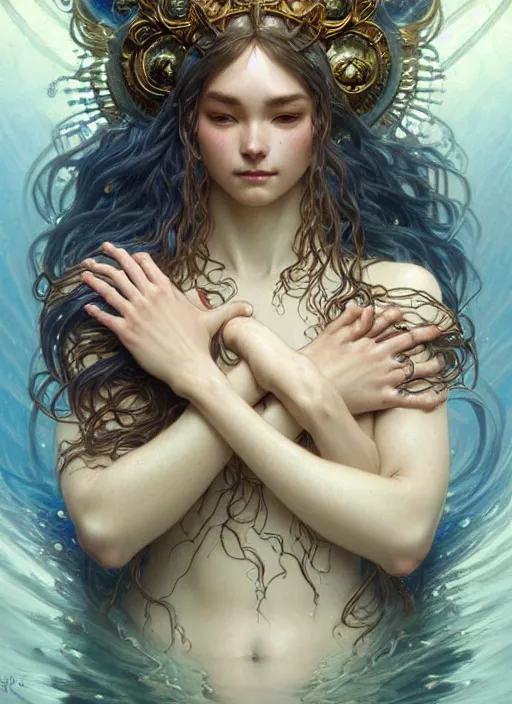 Image similar to a god of water, with hands and hair turning into water, fantasy, intricate, elegant, highly detailed, digital painting, artstation, concept art, wallpaper, smooth, sharp focus, illustration, art by artgerm and greg rutkowski and alphonse mucha