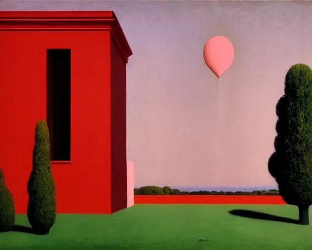 Image similar to light pale pink and deep red painting by Magritte.