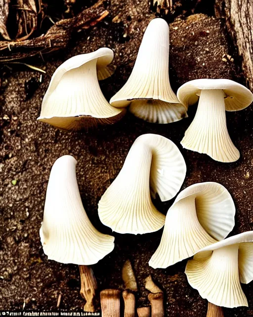 Image similar to a small family of conical oyster mushrooms is located on a rotten stump, which suspiciously reach for an unusual symbol on the wall depicting a dissected cross