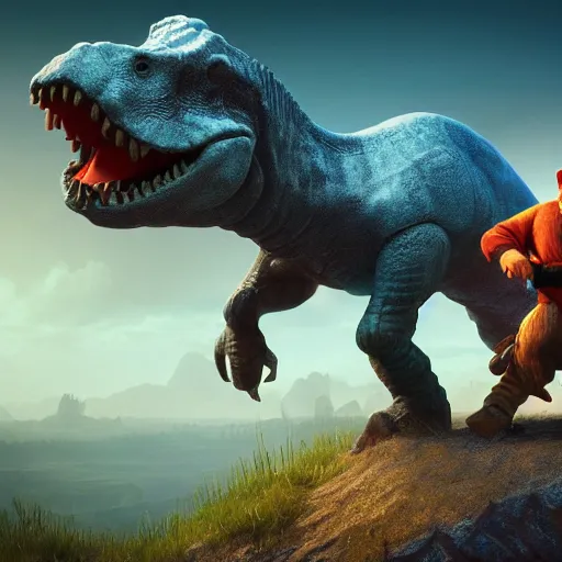 Prompt: ancient gnome riding the dinosaur, photorealistic cinematic scene, very coherent, hyper realism, high detail, vivid colors, octane render, unreal engine, 8k, Smooth gradients, High contrast, depth of field
