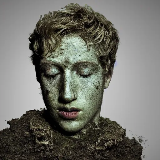 Prompt: Award-winning photograph by Cindy Sherman. The photo depicts a decaying roman bust of Mark Zuckerberg overgrown with moss at the bottom of the sea in the middle of ruins of civilization. Minimalism, high definition, perfect composition. Deep sea picture. Very dark. Volumetric Lighting. Fish. Darkness. Ruins