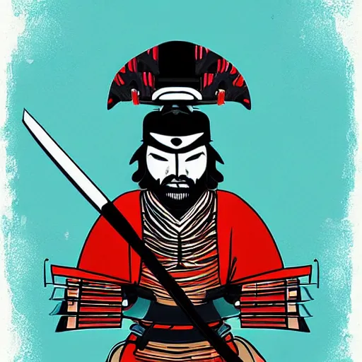 Image similar to highly stylized samurai holding a katana,striking colors,digital art