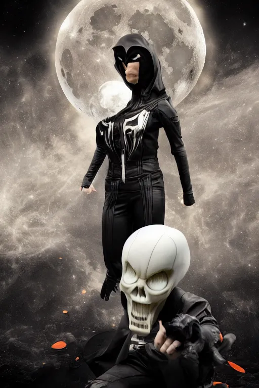 Prompt: hyperrealistic photography of Moon Knight mixed with Ghostrider style of Jin Kagetsu, patricia piccinini, James Jean and wlop, full-shot, merged character, 4k, highly detailed, cinematic lighting, photorealistic, 3d render, award winning render, unreal engine, masterpiece, octane render, sharp focus, studio lighting, 8k, hd