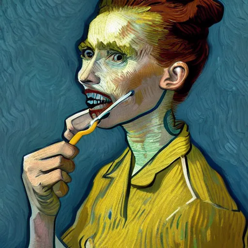 Image similar to digital painting of woman brushing teeth by Van Gogh, trending on Artstation, masterpiece, hyperdetailed