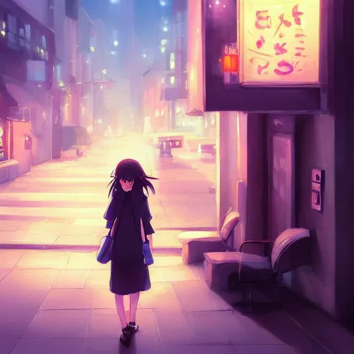 Image similar to a girl smoking, beautiful face, street at night, long hairfine art painting by makoto shinkai, featured on pixiv, hd