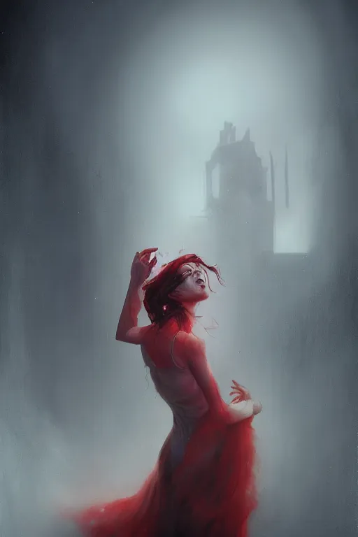 Image similar to A scary painting of a single woman inside with red eyes by Jordan grimmer, Tom Bagshaw, Todd Lockwood, nightmare scape, dark atmospheric lighting, cemetery, ground fog, digital paint, Trending on artstation, artstationHD, artstationHQ, 4k, 8k
