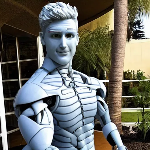 Image similar to a realistic detailed photo of a guy who is an attractive humanoid who is half robot and half humanoid, who is a male android, wrestler zack ryder, shiny skin, posing like a statue, blank stare, by the pool, on display, showing off his muscles, humanoid robot, frozen ice statue