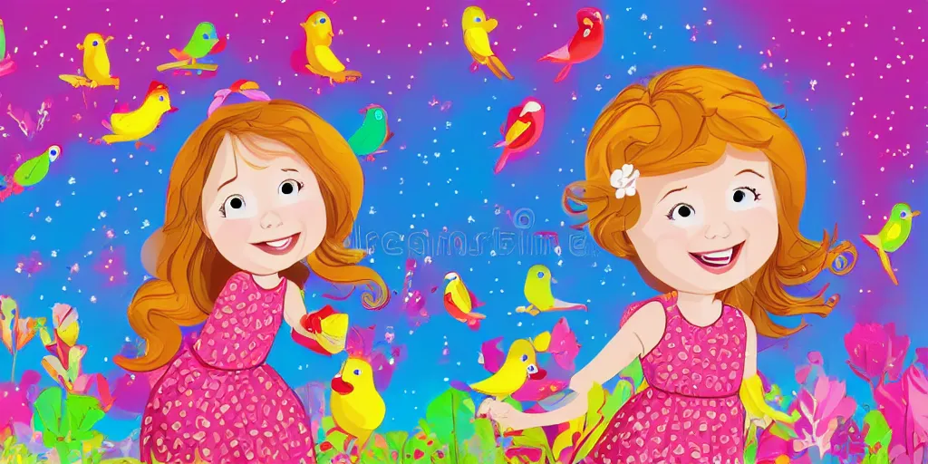 Prompt: little cute girl smiling, cute colorful birds flying around her head, storybook illustration