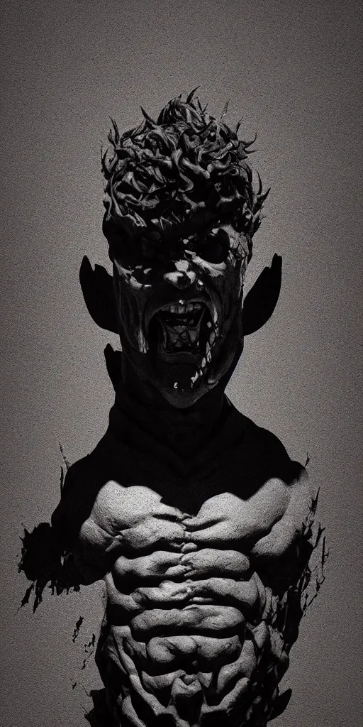 Image similar to demonic shadow man, detailed face, sharp focus, synthwave art, aesthetic, octane render, raw, cinematic