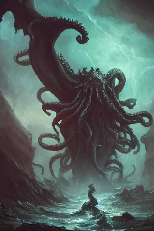 Prompt: cthulhu, eldritch, cosmic, nightmare, ocean, storm, digital art, magic the gathering, mtg, by greg rutkowski, trending on artstation